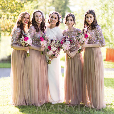 Sequin Half Sleeves A-line Tulle Long Bridesmaid Dresses , BN1036