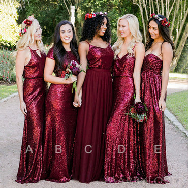 A-line/Sheath Burgundy Sequin Long Bridesmaid Dresses , BN1040