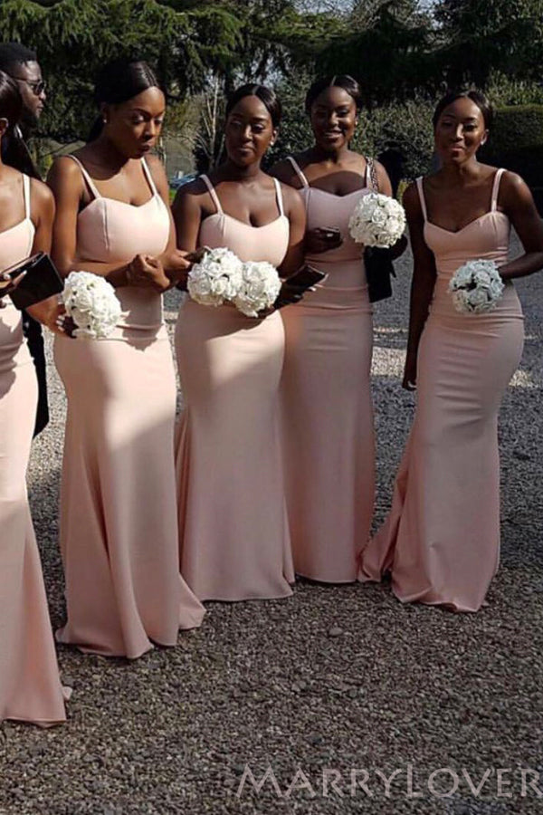 Spaghetti Straps Pink Satin Mermaid Long Sweetheart Bridesmaid Dresses , BN1045