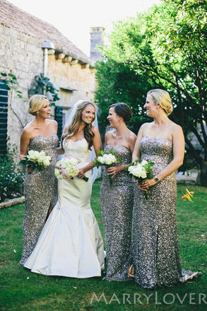 Column Silver Grey Sequin Strapless Long Bridesmaid Dresses , BN1048