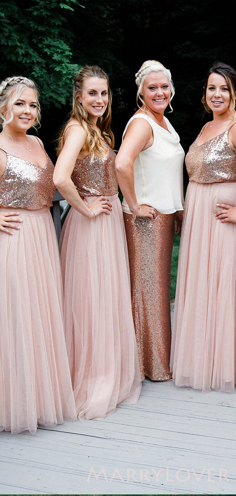 A-line Pink Tulle Sequin Spaghetti Straps Long Bridesmaid Dresses , BN1049