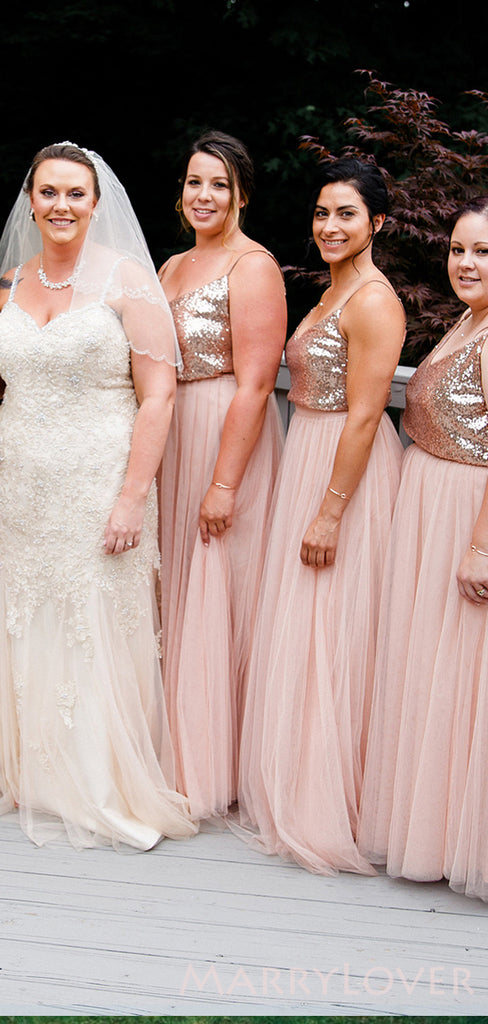 A-line Pink Tulle Sequin Spaghetti Straps Long Bridesmaid Dresses , BN1049