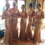 Deep V-neck Gold Sequin Long Mermaid Bridesmaid Dresses , BN1057