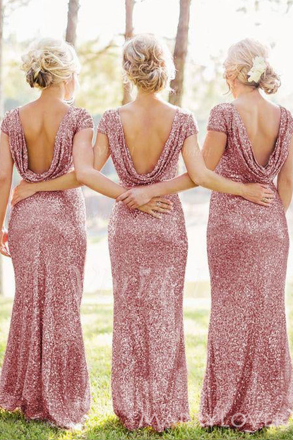 Gold Sequin Cap Sleeves Long Mermaid Bridesmaid Dresses , BN1059