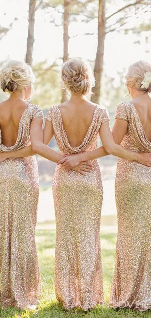 Gold Sequin Cap Sleeves Long Mermaid Bridesmaid Dresses , BN1059