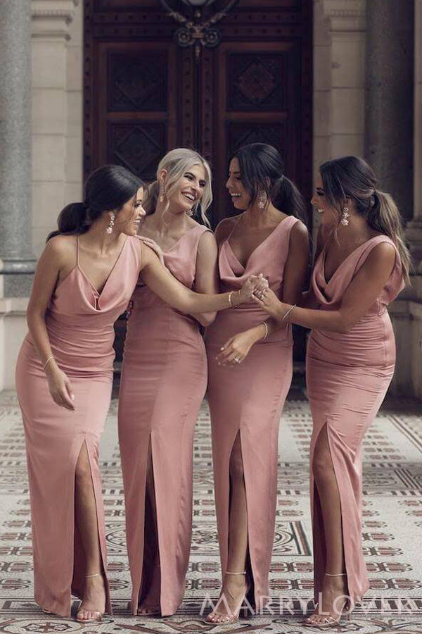 Mermaid Pink Satin Side Slit Long Bridesmaid Dresses , BN1065