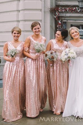 A-line Gold Sequin V-neck Long Bridesmaid Dresses , BN1067