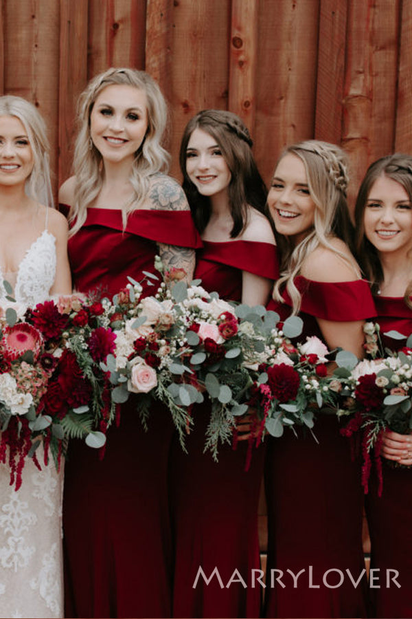 Burgundy Satin Off Shoulder Long Mermaid Bridesmaid Dresses , BN1072