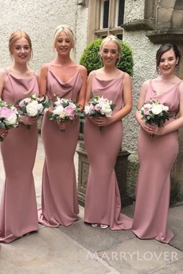 Spaghetti Straps Dusty Pink Satin Cowl Neck Long Mermaid Bridesmaid Dresses , BN1073