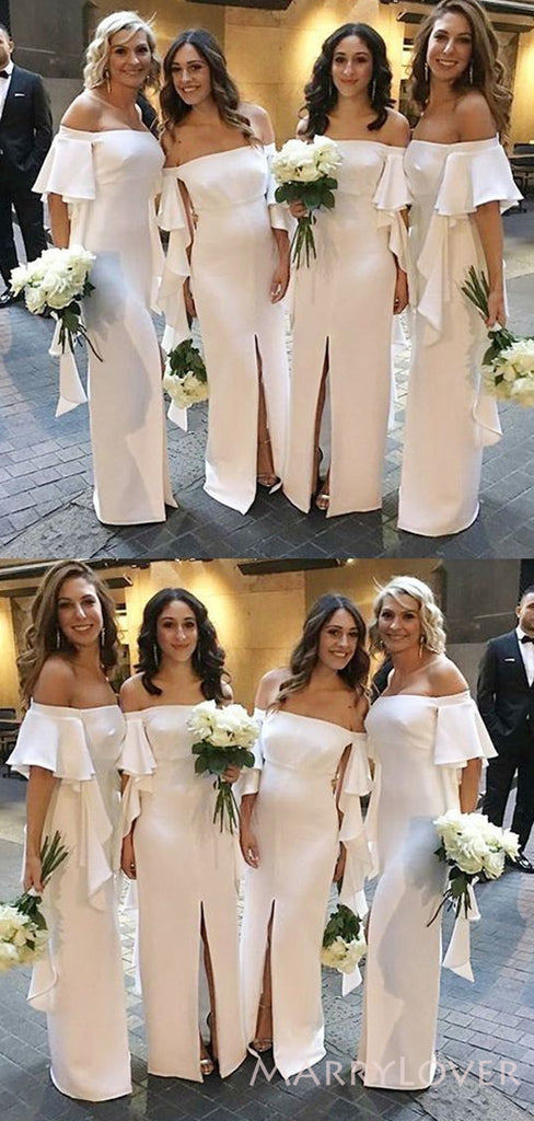 Off Shoulder Column White Satin Mermaid Long Bridesmaid Dresses , BN1077