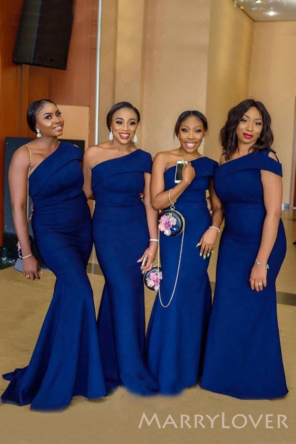 One Shoulder Royal Blue Satin Long Mermaid Bridesmaid Dresses , BN1085