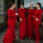 Long Sleeves Red Satin Long Mermaid Bridesmaid Dresses , BN1086