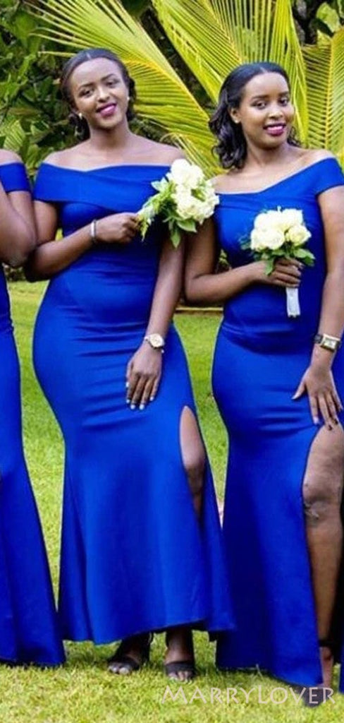 Off Shoulder Royal Blue Satin Long Mermaid Bridesmaid Dresses , BN1090