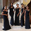 Off Shoulder Black Satin Spaghetti Straps Long Mermaid Bridesmaid Dresses , BN1094