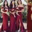 Off Shoulder Burgundy Satin Side Slit Long Mermaid Bridesmaid Dresses , BN1095