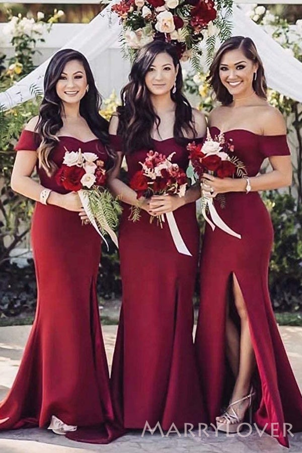 Off Shoulder Burgundy Satin Side Slit Long Mermaid Bridesmaid Dresses , BN1095