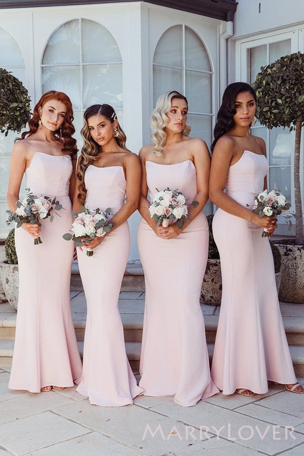 Mermaid Pink Strapless Long Bridesmaid Dresses , BN1096