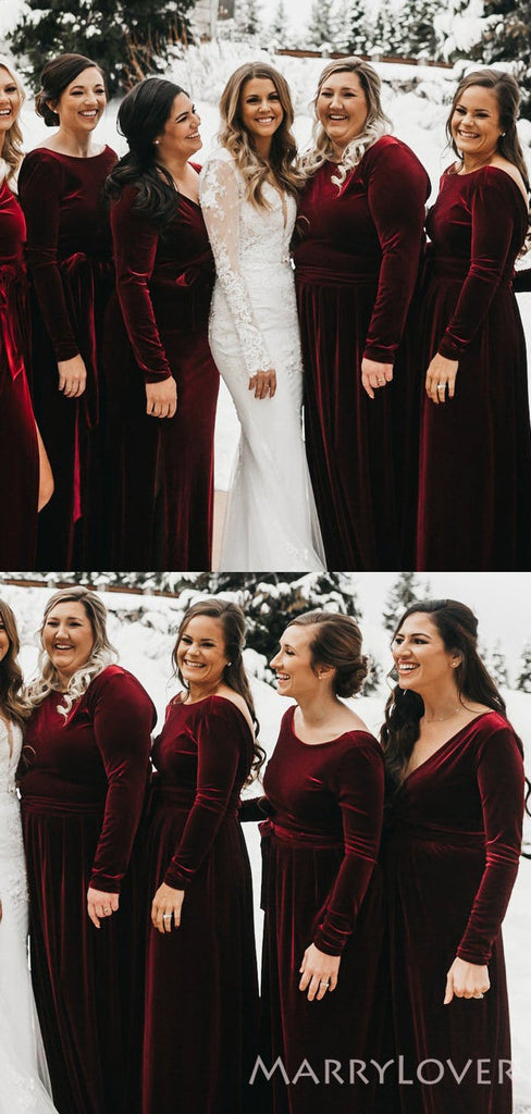 Long Sleeves Burgundy Velvet Long Bridesmaid Dresses, BN1098