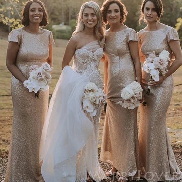 Gold Sequin Bateau Long Mermaid Bridesmaid Dresses , BN1099