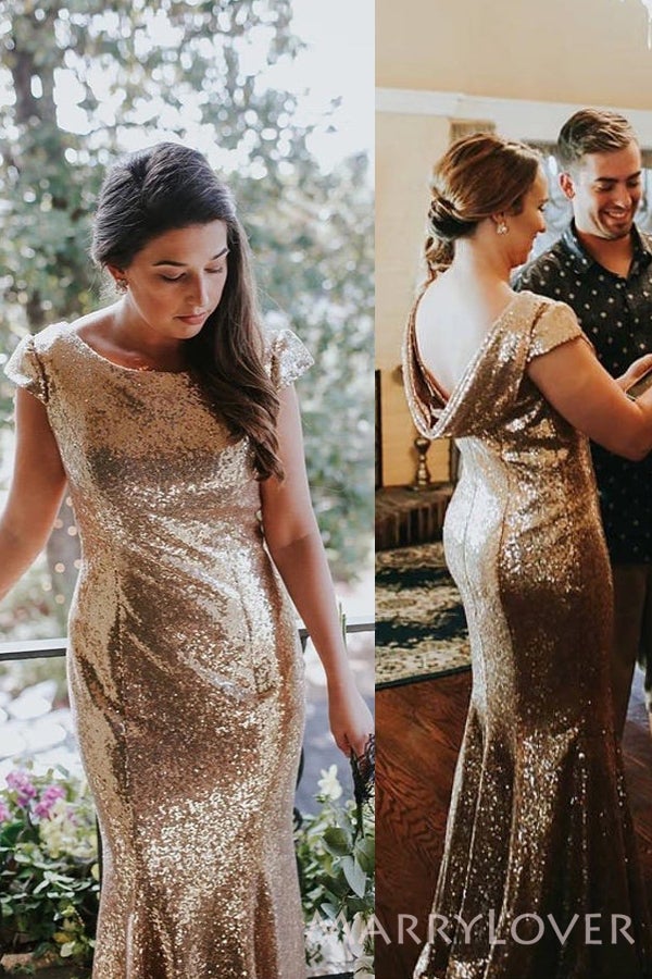 Gold Sequin Bateau Long Mermaid Bridesmaid Dresses , BN1099