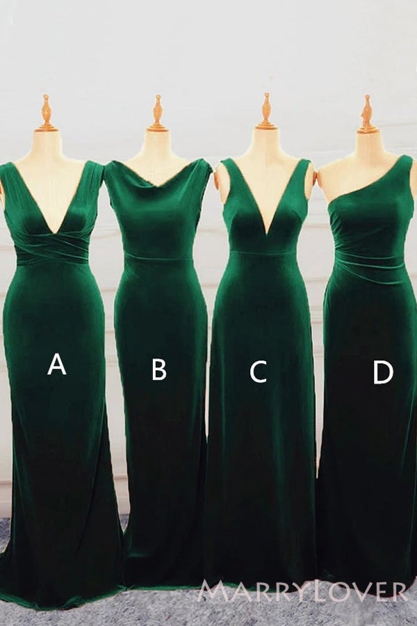 Dark Green Velvet Mermaid Long Bridesmaid Dresses, BN1101