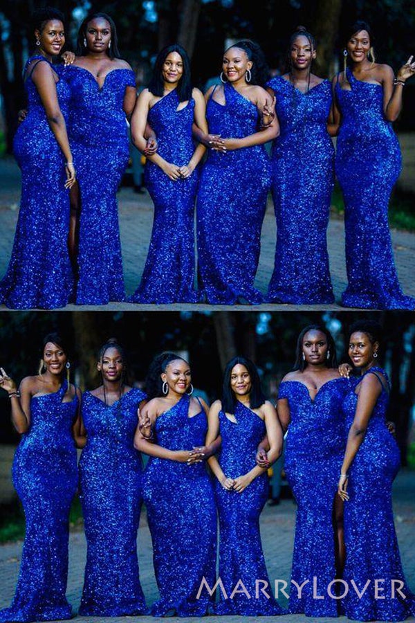 Blue Sequin Mermaid Long Bridesmaid Dresses, BN1102