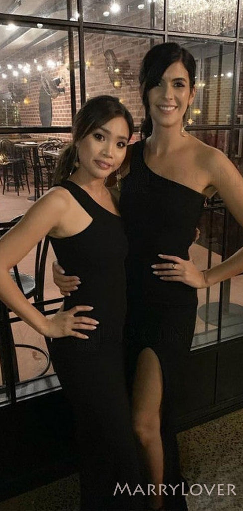 Sexy High Neck Black Satin One Shoulder Long Bridesmaid Dresses , BN1104