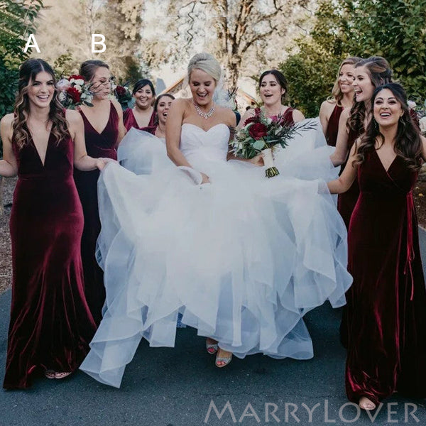 Burgundy Velvet V-neck Long Bridesmaid Dresses, BN1105