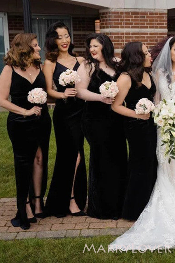 Spaghetti Straps Black Velvet Long Mermaid Bridesmaid Dresses, BN1108