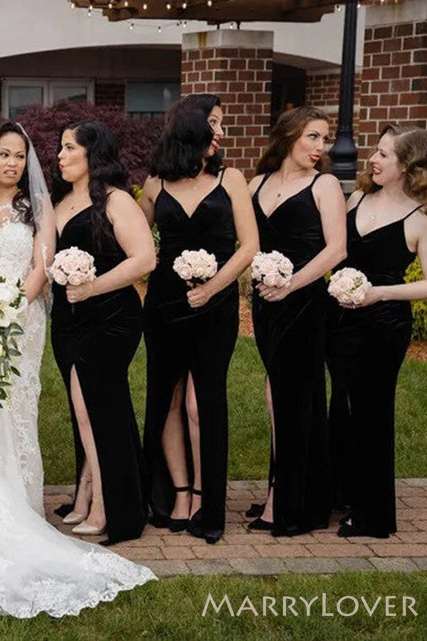 Spaghetti Straps Black Velvet Long Mermaid Bridesmaid Dresses, BN1108