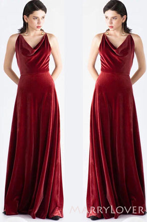 Spaghetti Straps Sheath/Column Velvet Cowl Neck Long Bridesmaid Dresses, BN1112