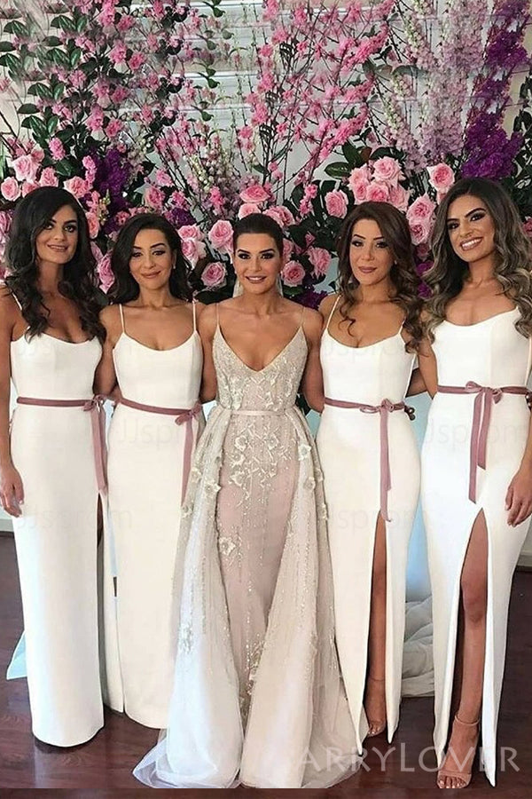 White Spaghetti Straps Long Mermaid Bridesmaid Dresses, Custom Side Slit Bridesmaid Dresses, BN1113