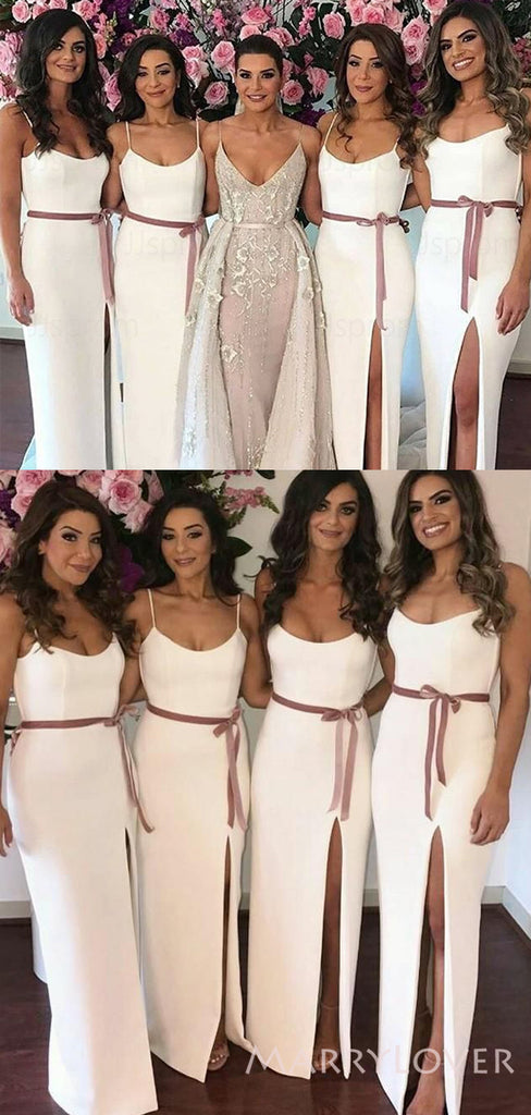 White Spaghetti Straps Long Mermaid Bridesmaid Dresses, Custom Side Slit Bridesmaid Dresses, BN1113