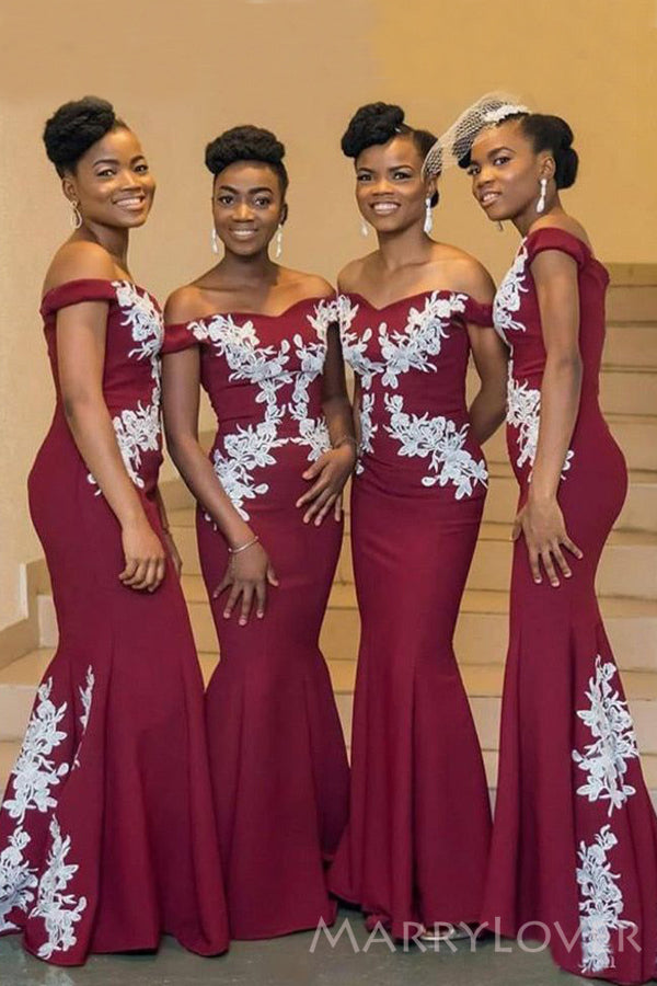 Burgundy Mermaid Long Bridesmaid Dresses, Custom Off Shoulder Appliques Bridesmaid Dress, BN1114