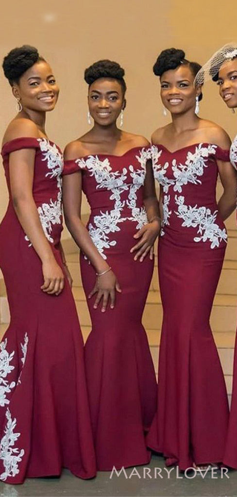 Burgundy Mermaid Long Bridesmaid Dresses, Custom Off Shoulder Appliques Bridesmaid Dress, BN1114