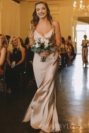 Spaghetti Straps V-neck Long Bridesmaid Dresses, Custom Side Slit Bridesmaid Dress, BN1115