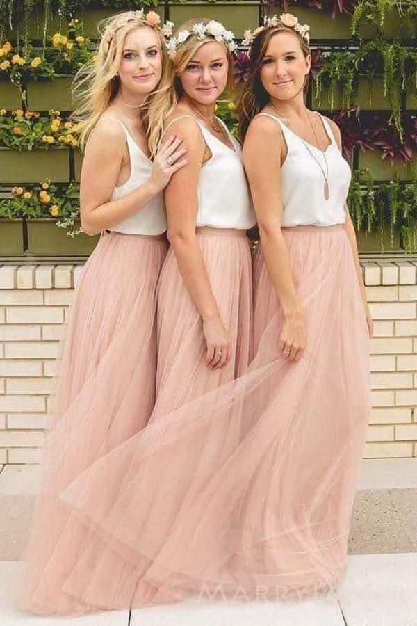A-line Tulle Long Bridesmaid Dresses, Custom V-neck Bridesmaid Dresses, BN1117