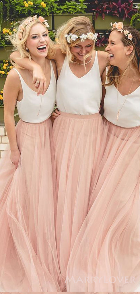 A-line Tulle Long Bridesmaid Dresses, Custom V-neck Bridesmaid Dresses, BN1117