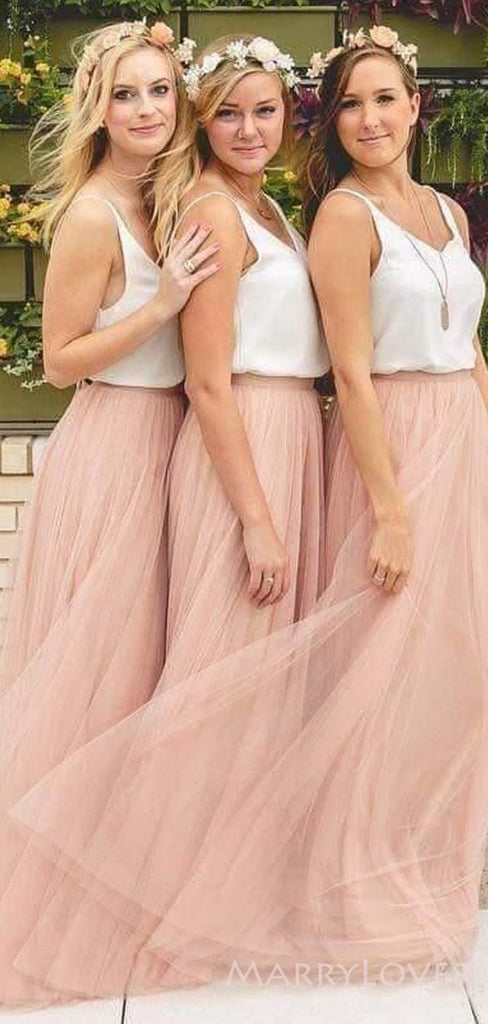 A-line Tulle Long Bridesmaid Dresses, Custom V-neck Bridesmaid Dresses, BN1117