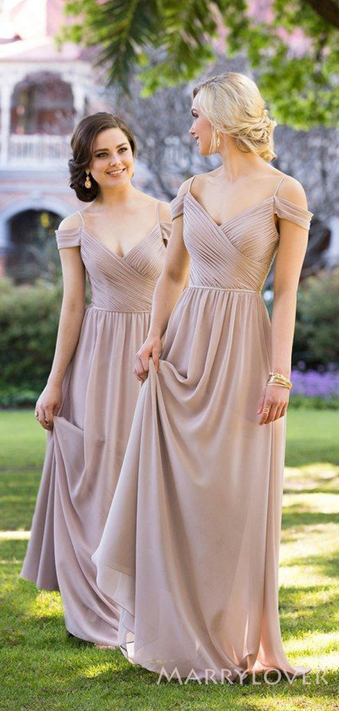 A-line Chiffon Spaghetti Straps Long Bridesmaid Dresses, Custom Off Shoulder Bridesmaid Dresses, BN1118