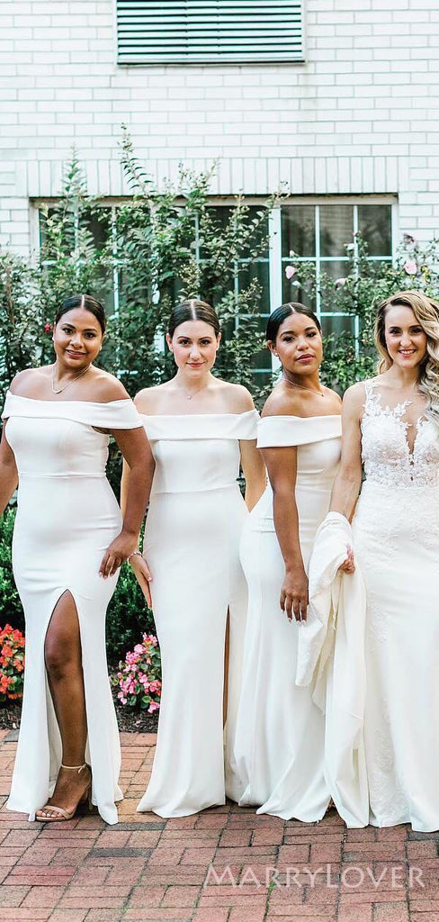 Off Shoulder Mermaid White Long Bridesmaid Dresses, Cheap Custom Bridesmaid Dress, BN1120