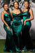 Dark Green Satin Spaghetti Straps Mermaid Long Bridesmaid Dresses , BN1024