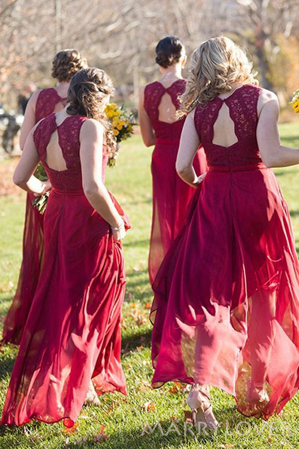A-line Dark Red Chiffon V-neck Long Bridesmaid Dresses, Lace Bridesmaid Dress, BN1025