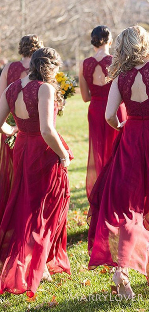 A-line Dark Red Chiffon V-neck Long Bridesmaid Dresses, Lace Bridesmaid Dress, BN1025