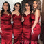 Strapless Red Satin Mermaid Long Bridesmaid Dresses , BN1029