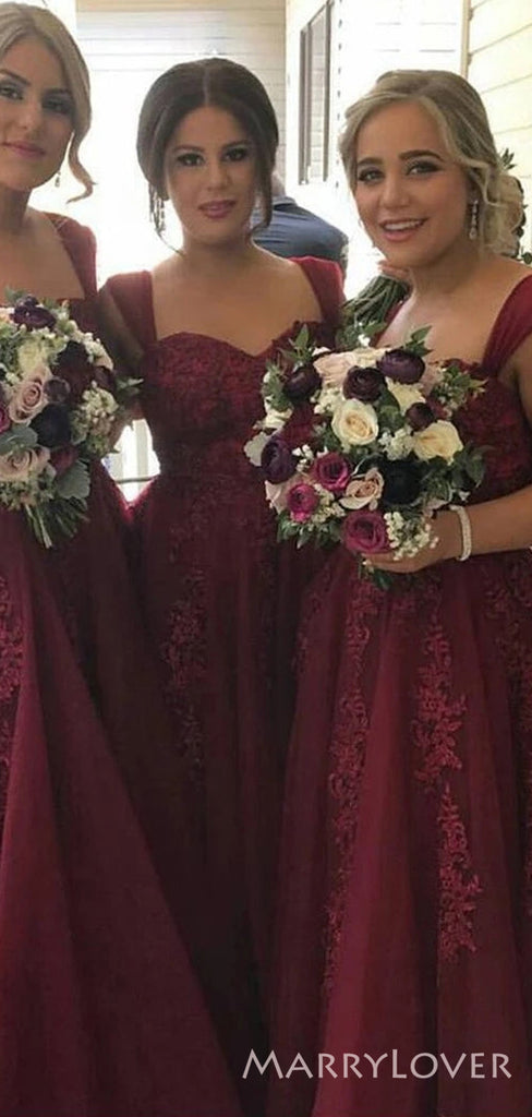 A-line Burgundy Tulle Appliques Long sweetheart Bridesmaid Dresses , BN1132