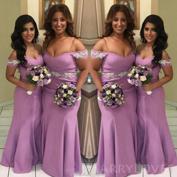 Off Shoulder Mermaid Long Appliques Custom Bridesmaid Dresses , BN1134