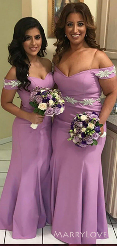 Off Shoulder Mermaid Long Appliques Custom Bridesmaid Dresses , BN1134