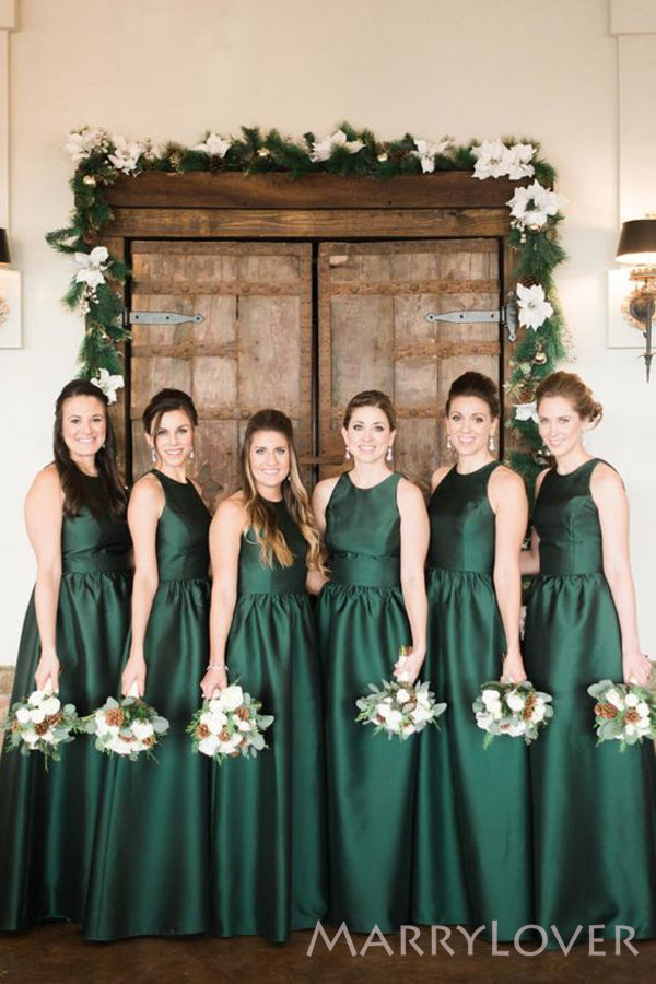 A-line Dark Green Satin Long  Custom Bridesmaid Dresses , BN1136