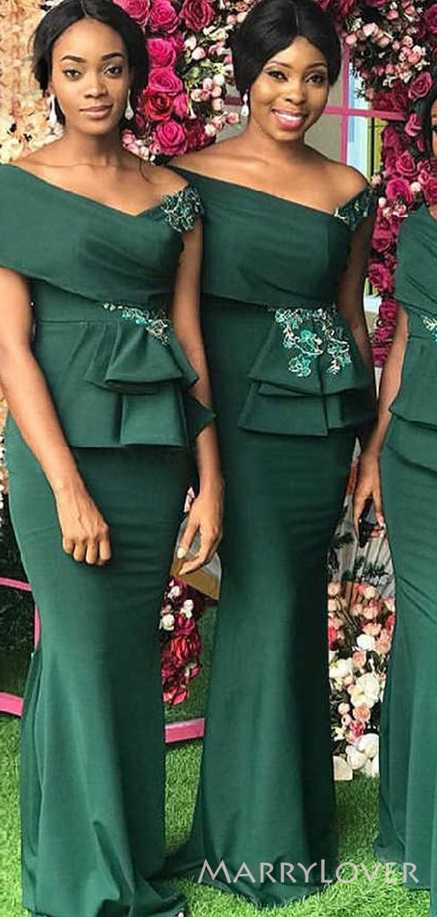 Dark Green Satin Mermaid Appliques Long Custom Bridesmaid Dresses , BN1141